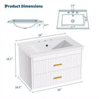 Meuble-lavabo suspendu 24/30 pouces avec évier intégré, meuble mural 2 tiroirs pour rangement de salle de bain