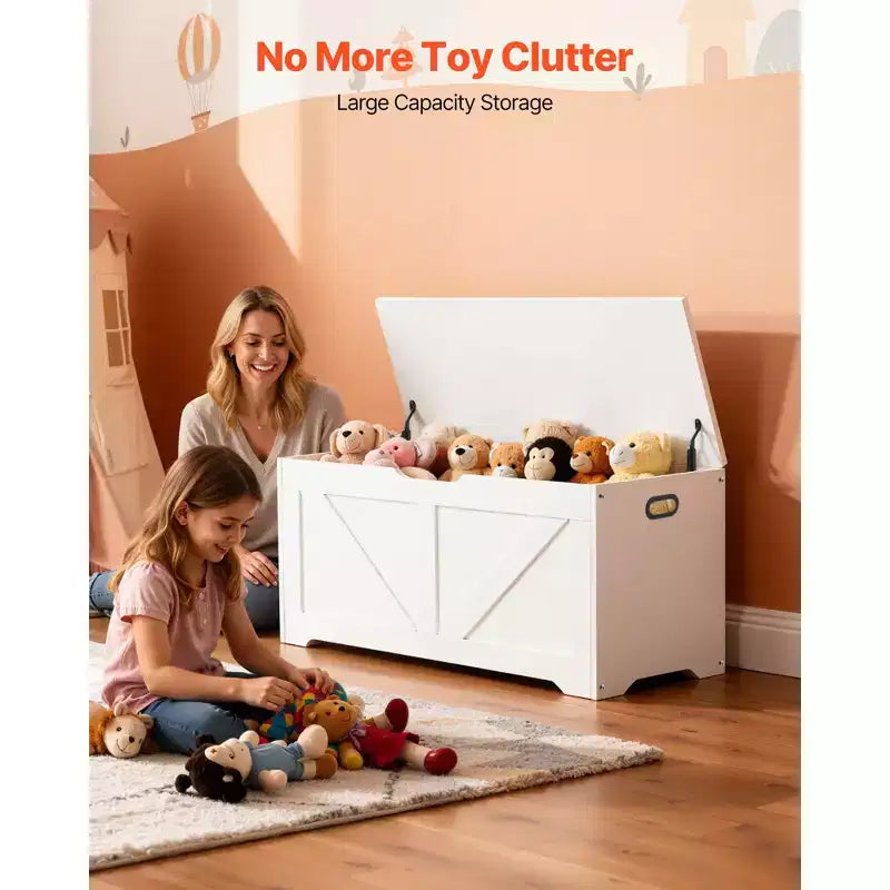 Banc de rangement pour enfants avec charnière de sécurité, coffre à jouets en bois et banc d'assise pour salle de jeux, chambre, entrée ou salon, blanc