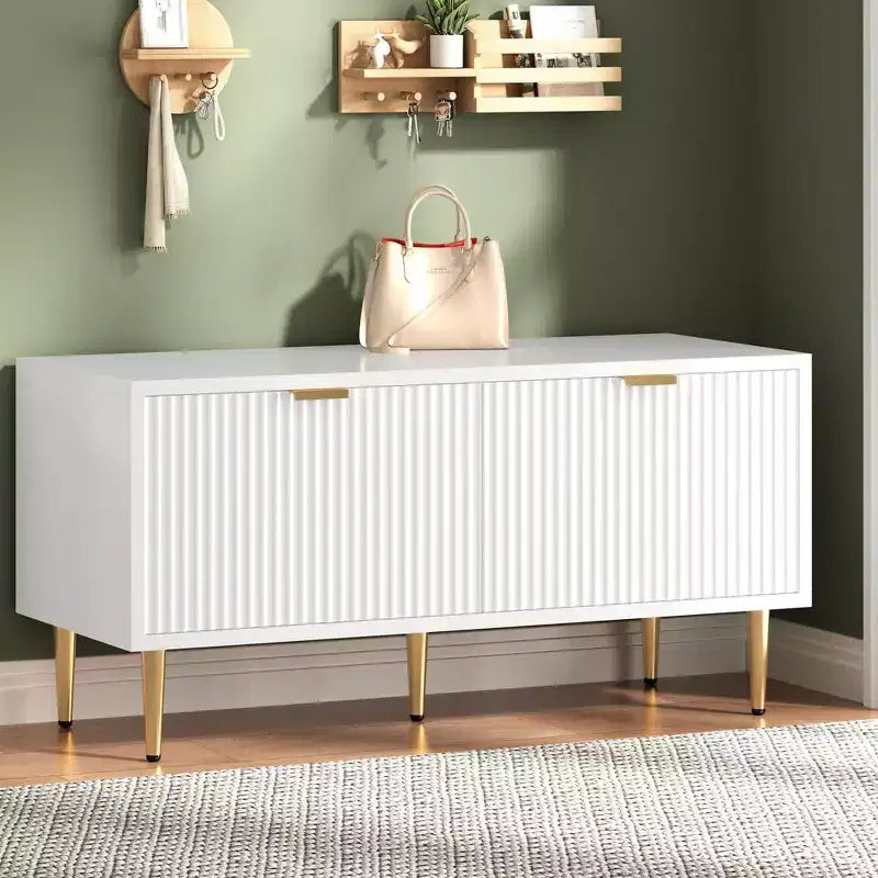COZONY Banc de rangement à chaussures cannelé moderne de 106,7 cm avec armoire, banc à chaussures en bois pour entrée, hall, vestibule ou porte d'entrée