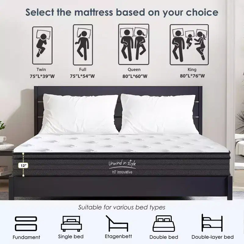 Matelas hybride GDFStudio Anastasia moderne 12H à ressorts ensachés individuellement