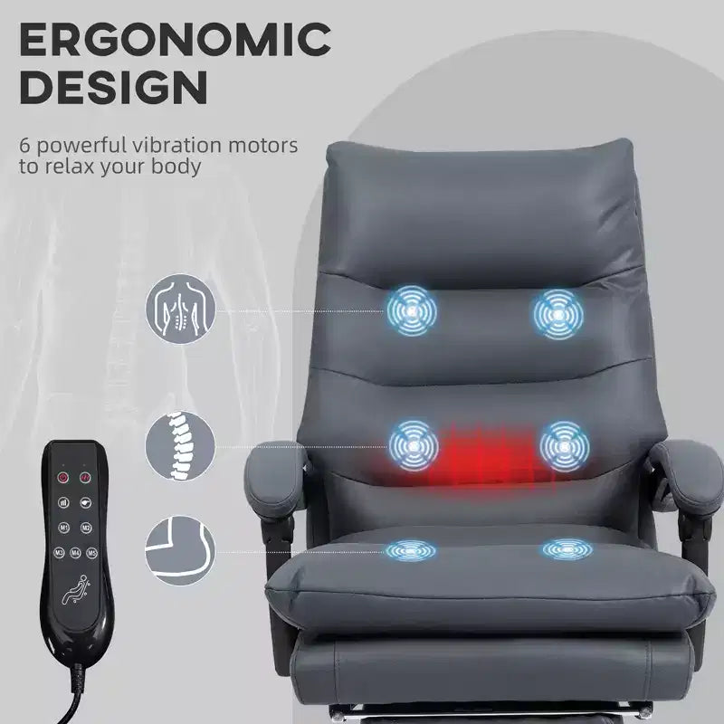 Fauteuil de bureau massant en microfibre, inclinable et chauffant avec repose-pieds, double rembourrage, roulettes pivotantes