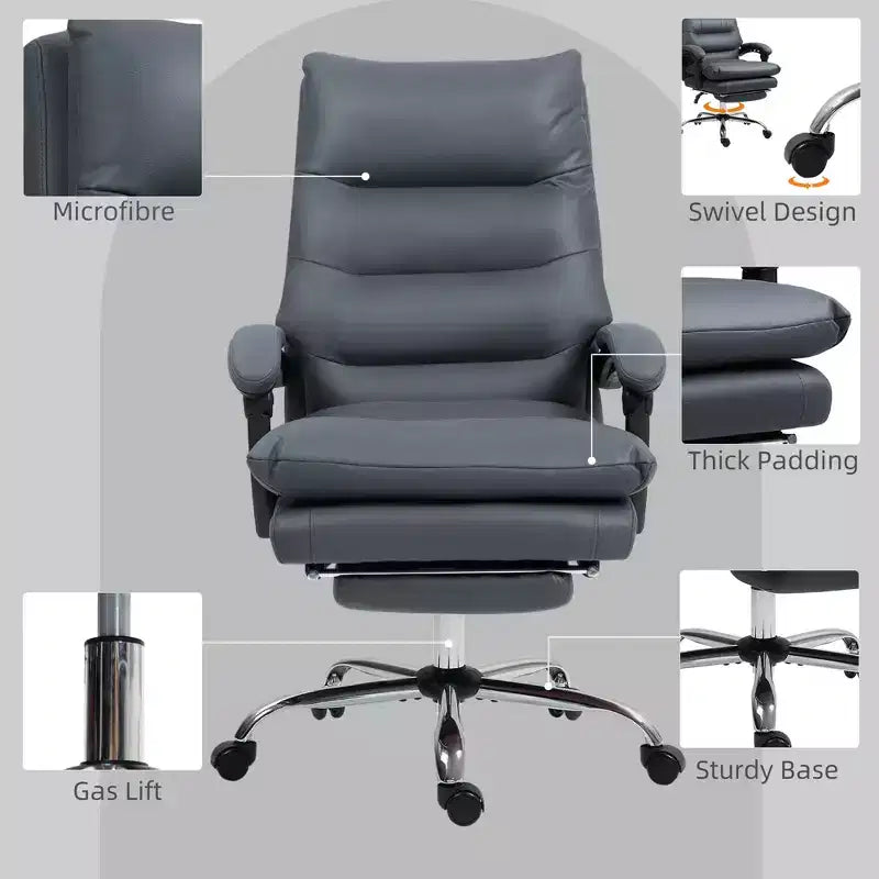 Fauteuil de bureau massant en microfibre, inclinable et chauffant avec repose-pieds, double rembourrage, roulettes pivotantes