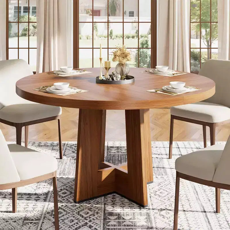 Table à manger ronde moderne de 119 cm pour 4 à 6 personnes, table de cuisine avec base piédestal robuste, table de salle à manger circulaire peu encombrante pour petits espaces