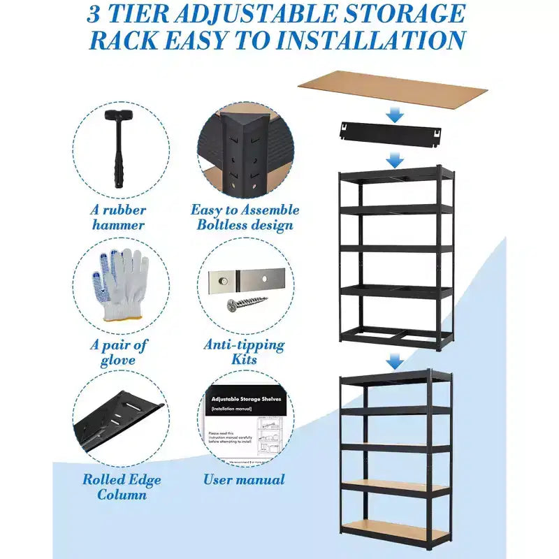 Étagères de rangement, 91,4 x 45,7 x 182,9 cm Étagères de garage robustes en métal réglables, Unités de rangement réglables à 5 niveaux, Racks utilitaires de rangement en métal