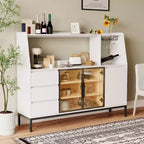 GDFStudio Pavel Modern 64 Wooden Buffet Storage Cabinet With Glass Doors, Cup Holder and 3 Drawers