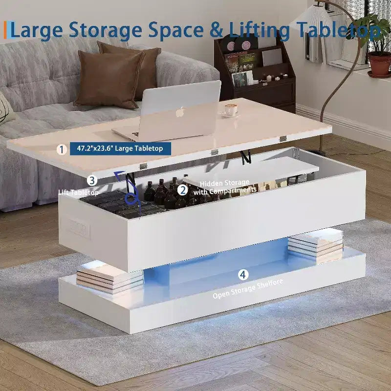 Table basse relevable avec éclairage LED, finition brillante, rangement contrôlé par application, réglable et convertible, table à manger moderne pour salon