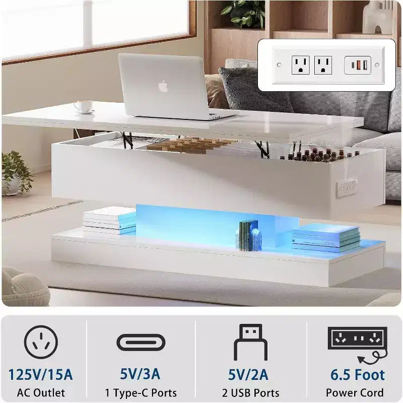 Table basse relevable avec éclairage LED, finition brillante, rangement contrôlé par application, réglable et convertible, table à manger moderne pour salon