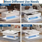 Table basse relevable avec éclairage LED, finition brillante, rangement contrôlé par application, réglable et convertible, table à manger moderne pour salon