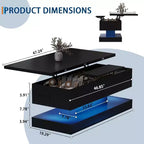 Table basse relevable avec éclairage LED, finition brillante, rangement contrôlé par application, réglable et convertible, table à manger moderne pour salon