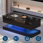 Table basse relevable avec éclairage LED, finition brillante, rangement contrôlé par application, réglable et convertible, table à manger moderne pour salon