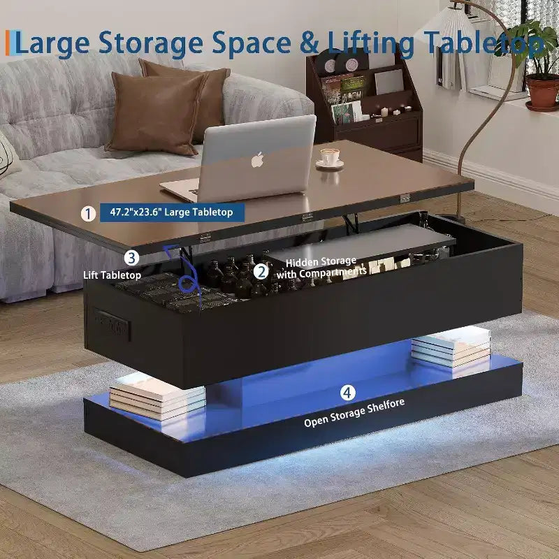 Table basse relevable avec éclairage LED, finition brillante, rangement contrôlé par application, réglable et convertible, table à manger moderne pour salon