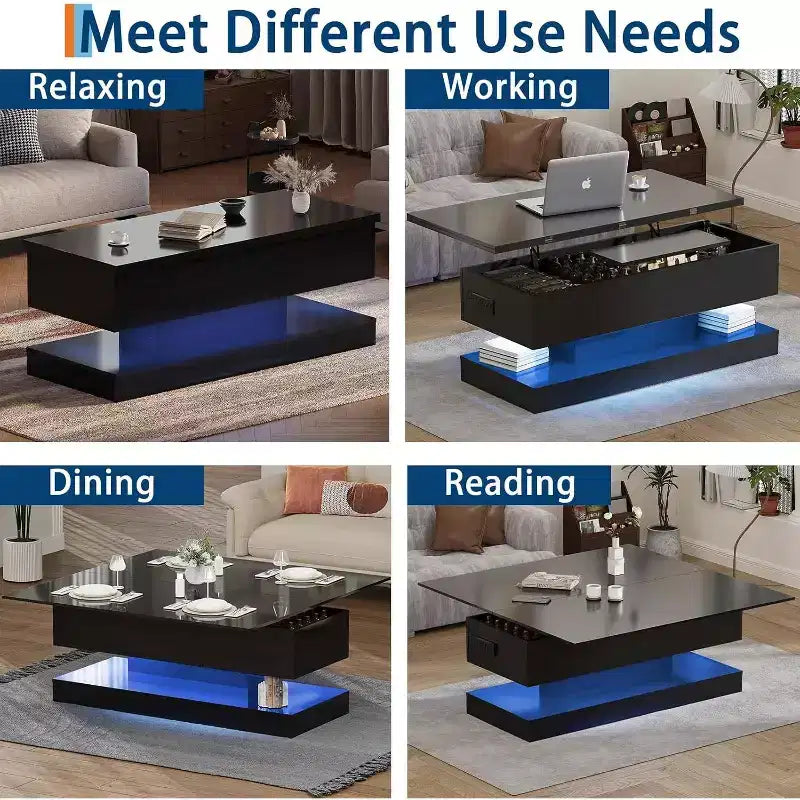 Table basse relevable avec éclairage LED, finition brillante, rangement contrôlé par application, réglable et convertible, table à manger moderne pour salon