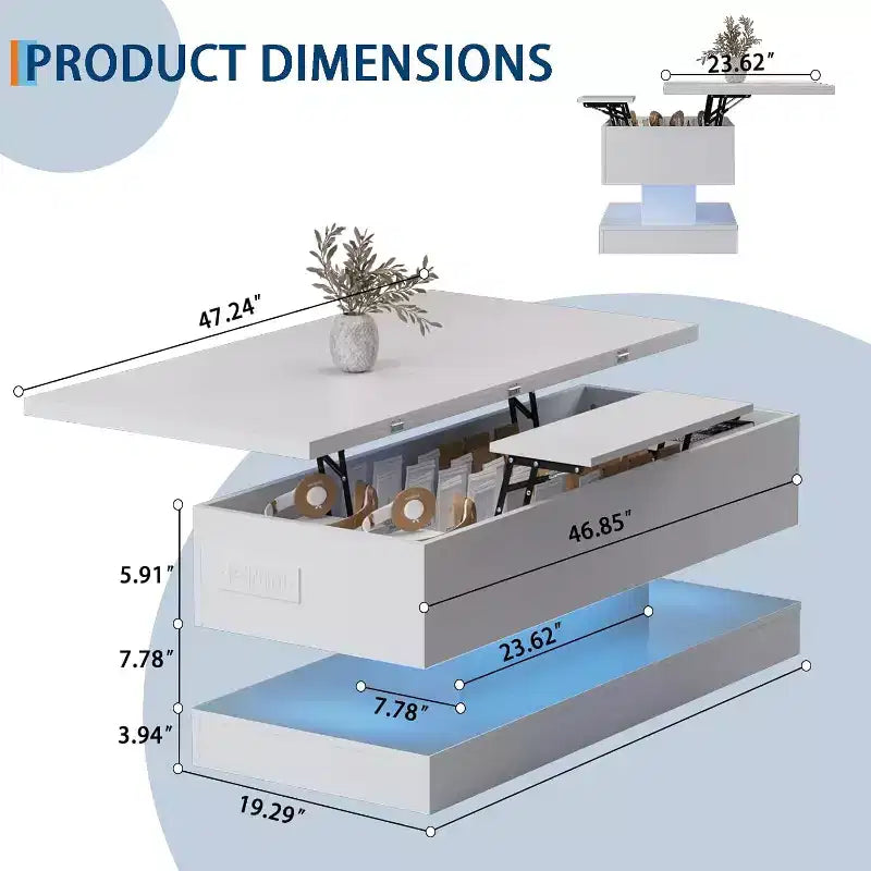 Table basse relevable avec éclairage LED, finition brillante, rangement contrôlé par application, réglable et convertible, table à manger moderne pour salon