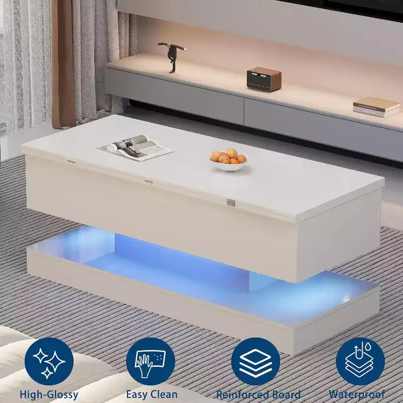 Table basse relevable avec éclairage LED, finition brillante, rangement contrôlé par application, réglable et convertible, table à manger moderne pour salon