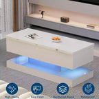 Table basse relevable avec éclairage LED, finition brillante, rangement contrôlé par application, réglable et convertible, table à manger moderne pour salon