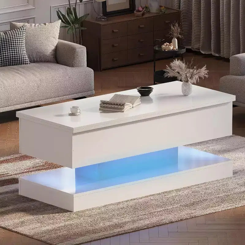 Table basse relevable avec éclairage LED, finition brillante, rangement contrôlé par application, réglable et convertible, table à manger moderne pour salon