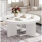 Table basse ronde, table basse circulaire de 85 cm avec pieds cannelés et plateau épais de 3,3 cm, tables d'appoint pour salon, chambre, assemblage facile, blanc