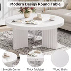 Table basse ronde, table basse circulaire de 85 cm avec pieds cannelés et plateau épais de 3,3 cm, tables d'appoint pour salon, chambre, assemblage facile, blanc