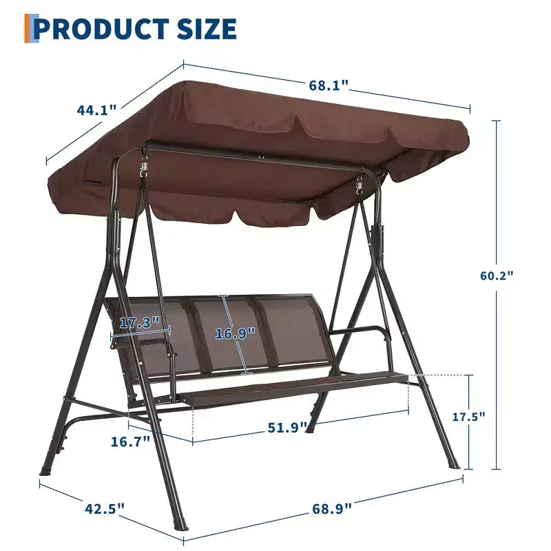Balancelle d'extérieur 3 places robuste avec auvent réglable, imperméable et résistante aux UV, pieds antidérapants et crochets à ressort solides, parfaite pour la terrasse