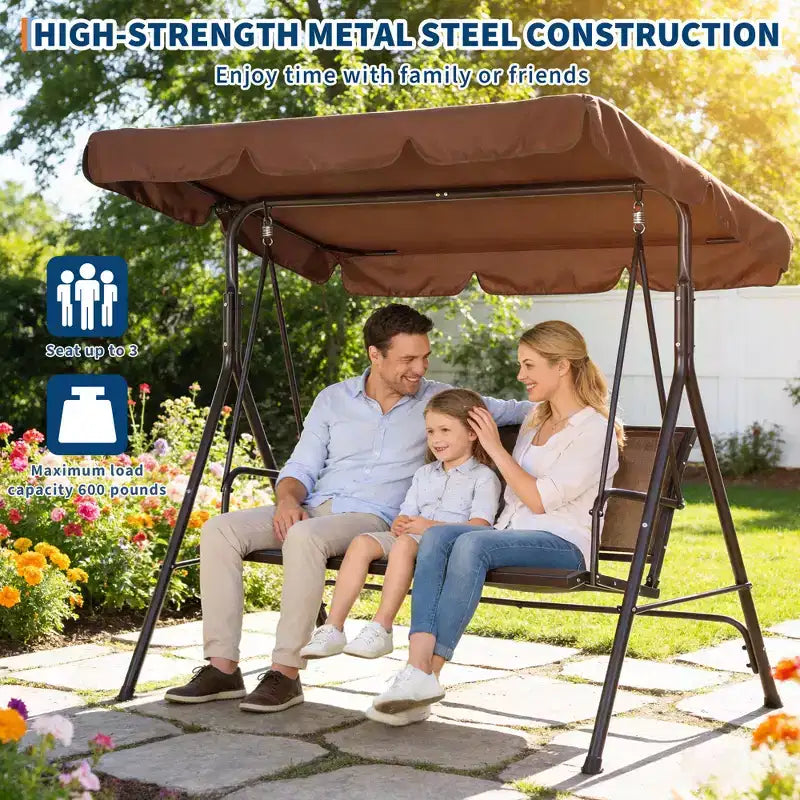 Balancelle d'extérieur 3 places robuste avec auvent réglable, imperméable et résistante aux UV, pieds antidérapants et crochets à ressort solides, parfaite pour la terrasse