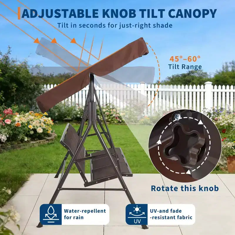 Balancelle d'extérieur 3 places robuste avec auvent réglable, imperméable et résistante aux UV, pieds antidérapants et crochets à ressort solides, parfaite pour la terrasse