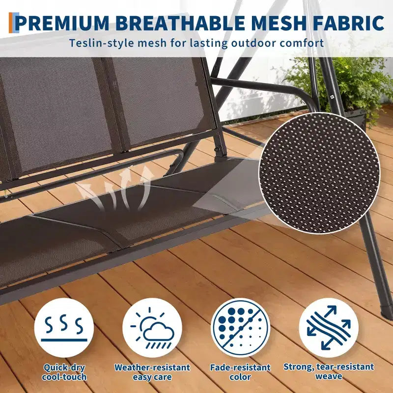 Balancelle d'extérieur 3 places robuste avec auvent réglable, imperméable et résistante aux UV, pieds antidérapants et crochets à ressort solides, parfaite pour la terrasse
