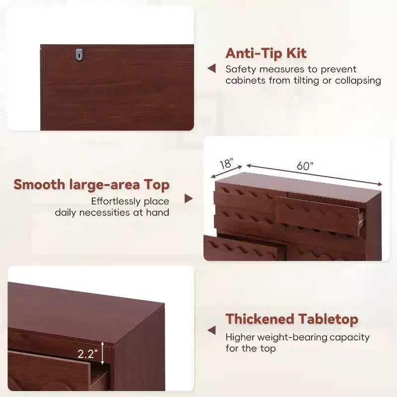 Commode 6 tiroirs GDFStudio Eunice 60 en bois moderne avec façade ondulée