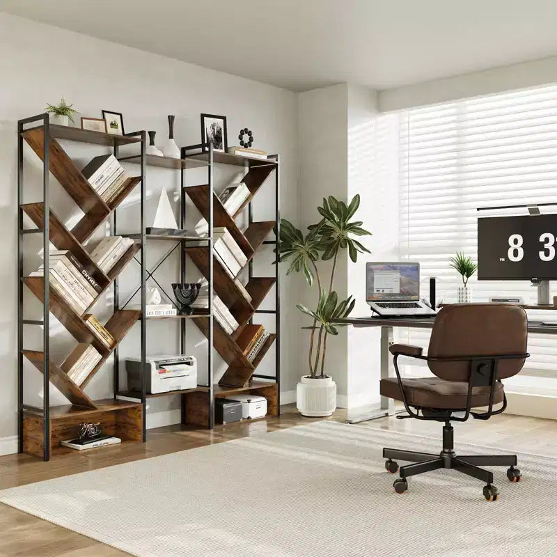 Étagère à livres à 6 niveaux, grande bibliothèque industrielle avec 24 étagères de présentation ouvertes, bibliothèque arbre industrielle, haute étagère en bois sur pied