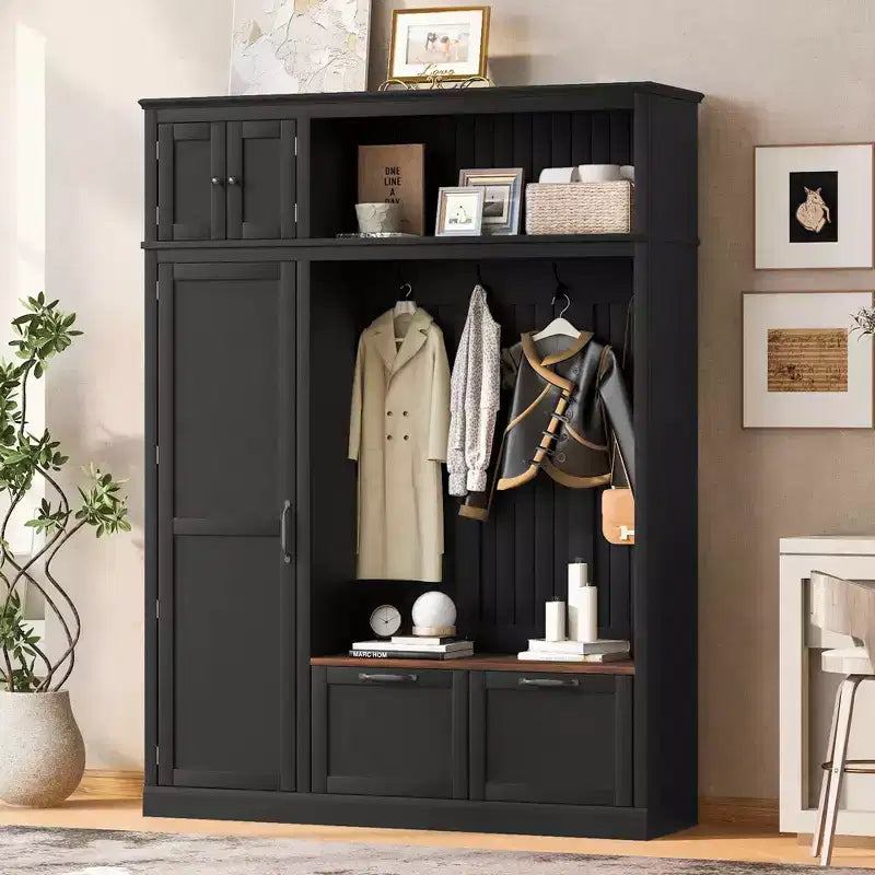 Arbre d'entrée 3-en-1 avec banc, porte-manteau avec meuble de rangement, tiroirs et crochets, organisateur d'entrée multifonctionnel - ModernLuxe