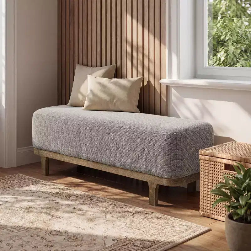 Banc de bout de lit Art Leon, banc moderne rembourré en tissu, ottoman de banc d'entrée avec pieds en bois d'hévéa pour chambre à coucher, salon, couloir