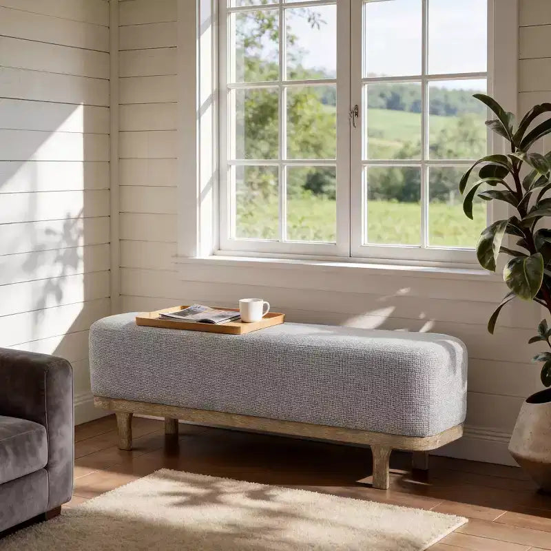 Banc de bout de lit Art Leon, banc moderne rembourré en tissu, ottoman de banc d'entrée avec pieds en bois d'hévéa pour chambre à coucher, salon, couloir