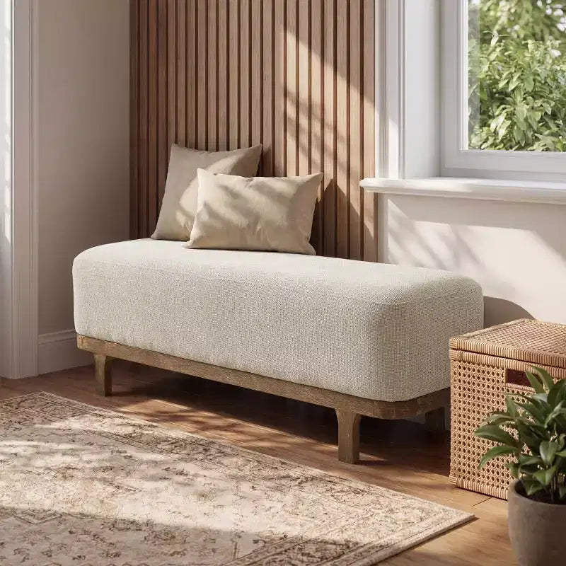 Banc de bout de lit Art Leon, banc moderne rembourré en tissu, ottoman de banc d'entrée avec pieds en bois d'hévéa pour chambre à coucher, salon, couloir