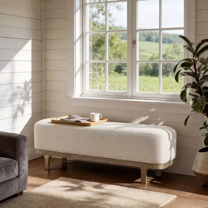 Banc de bout de lit Art Leon, banc moderne rembourré en tissu, ottoman de banc d'entrée avec pieds en bois d'hévéa pour chambre à coucher, salon, couloir