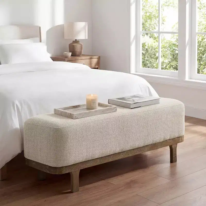 Banc de bout de lit Art Leon, banc moderne rembourré en tissu, ottoman de banc d'entrée avec pieds en bois d'hévéa pour chambre à coucher, salon, couloir