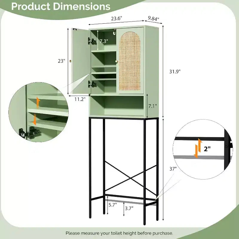 Meuble de rangement au-dessus des toilettes VINGLI, organisateur de salle de bain vert sauge au-dessus des toilettes avec portes en rotin arquées, étagère autoportante peu encombrante