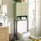 Meuble de rangement au-dessus des toilettes VINGLI, organisateur de salle de bain vert sauge au-dessus des toilettes avec portes en rotin arquées, étagère autoportante peu encombrante