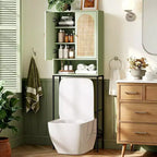 Meuble de rangement au-dessus des toilettes VINGLI, organisateur de salle de bain vert sauge au-dessus des toilettes avec portes en rotin arquées, étagère autoportante peu encombrante