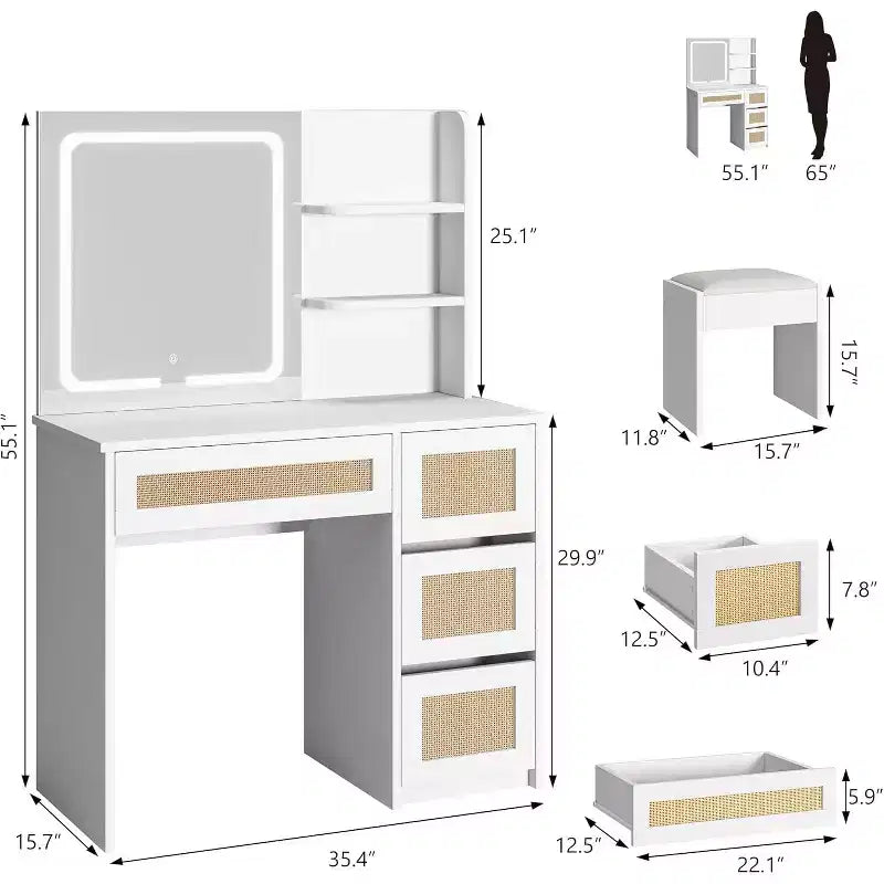 Coiffeuse avec miroir LED et tabouret, table de maquillage blanche en rotin avec 2 tiroirs, armoire de rangement pour chambre à coucher ou salon