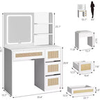 Coiffeuse avec miroir LED et tabouret, table de maquillage blanche en rotin avec 2 tiroirs, armoire de rangement pour chambre à coucher ou salon