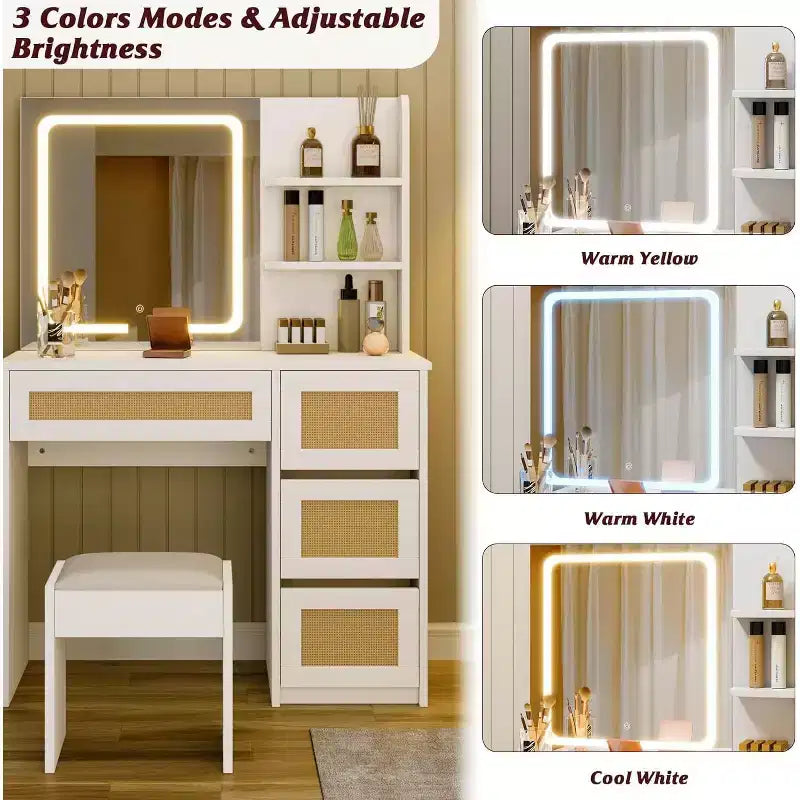 Coiffeuse avec miroir LED et tabouret, table de maquillage blanche en rotin avec 2 tiroirs, armoire de rangement pour chambre à coucher ou salon