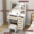 Coiffeuse avec miroir LED et tabouret, table de maquillage blanche en rotin avec 2 tiroirs, armoire de rangement pour chambre à coucher ou salon