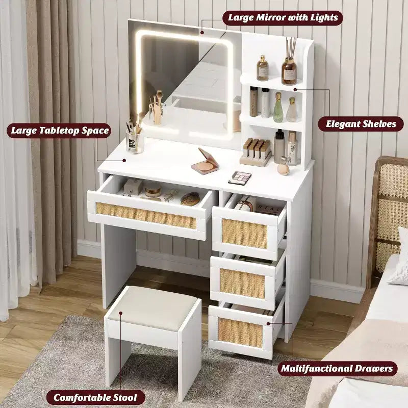 Coiffeuse avec miroir LED et tabouret, table de maquillage blanche en rotin avec 2 tiroirs, armoire de rangement pour chambre à coucher ou salon