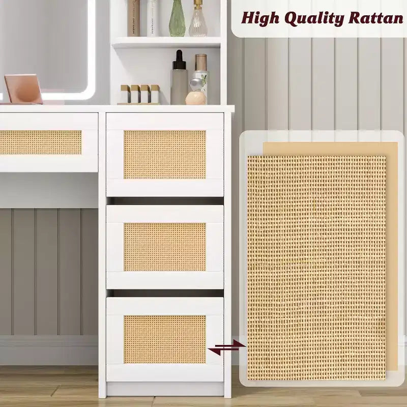 Coiffeuse avec miroir LED et tabouret, table de maquillage blanche en rotin avec 2 tiroirs, armoire de rangement pour chambre à coucher ou salon