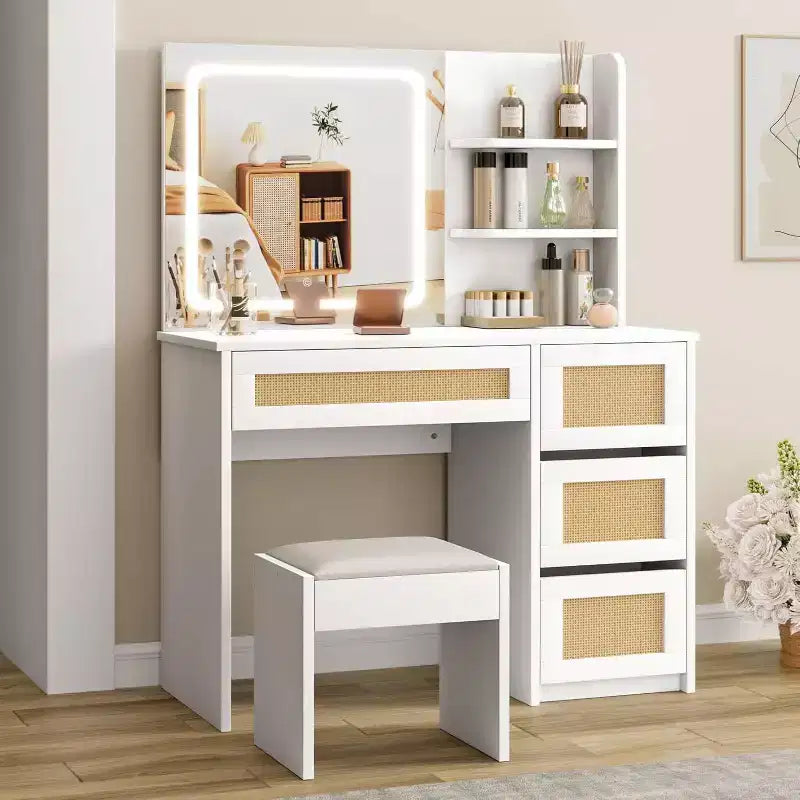 Coiffeuse avec miroir LED et tabouret, table de maquillage blanche en rotin avec 2 tiroirs, armoire de rangement pour chambre à coucher ou salon