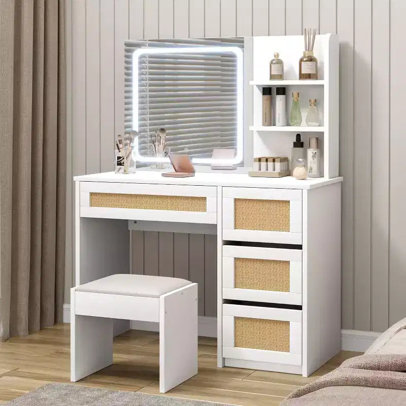 Coiffeuse avec miroir LED et tabouret, table de maquillage blanche en rotin avec 2 tiroirs, armoire de rangement pour chambre à coucher ou salon