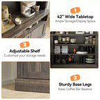Meuble de bar à café 72" style ferme avec éclairage LED - Grand buffet avec porte-bouteilles et étagère en verre, support pour micro-ondes, garde-manger pour cuisine/salle à manger