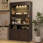 Meuble de bar à café 72" style ferme avec éclairage LED - Grand buffet avec porte-bouteilles et étagère en verre, support pour micro-ondes, garde-manger pour cuisine/salle à manger