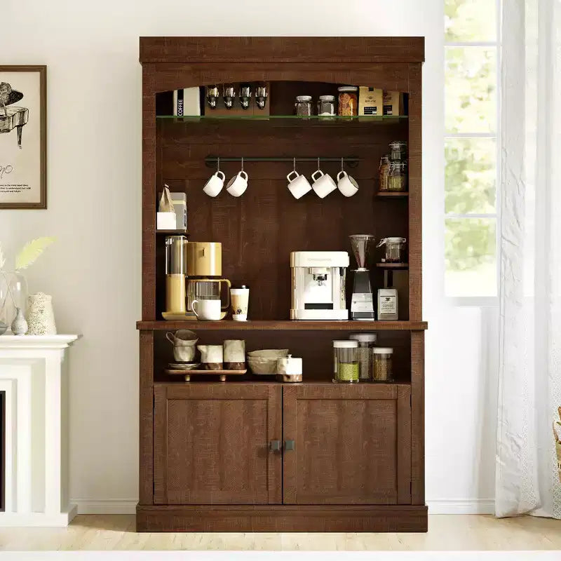 Meuble de bar à café 72" style ferme avec éclairage LED - Grand buffet avec porte-bouteilles et étagère en verre, support pour micro-ondes, garde-manger pour cuisine/salle à manger