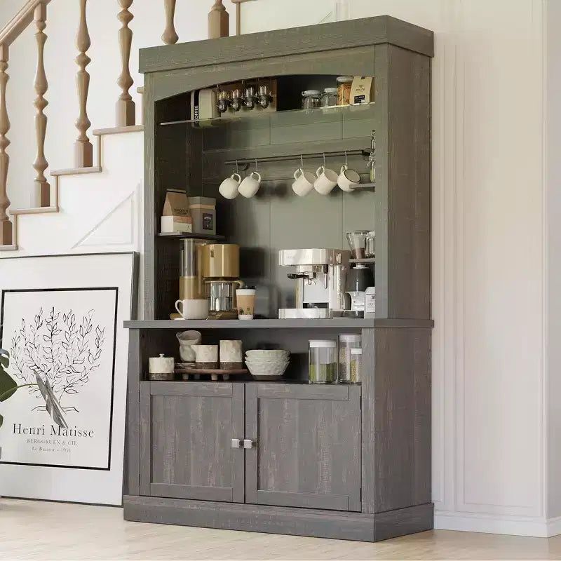 Meuble de bar à café 72" style ferme avec éclairage LED - Grand buffet avec porte-bouteilles et étagère en verre, support pour micro-ondes, garde-manger pour cuisine/salle à manger