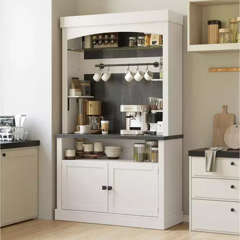 Meuble de bar à café 72" style ferme avec éclairage LED - Grand buffet avec porte-bouteilles et étagère en verre, support pour micro-ondes, garde-manger pour cuisine/salle à manger